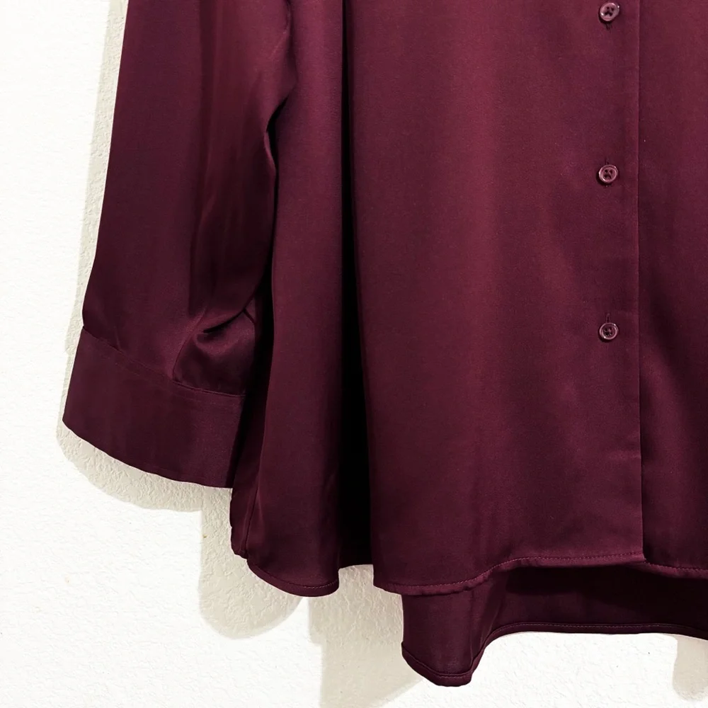 Quince Washable Stretch Silk Notch Collar Button Front Blouse Wine Tasting Red - Picture 10 of 13